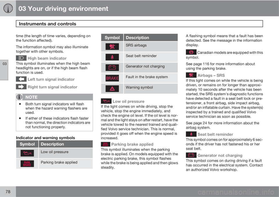 VOLVO S60 2011  Owner´s Manual 03 Your driving environment
Instruments and controls 
03
78
time (the length of time varies, depending on
the function affected).
The information symbol may also illuminate
together with other symbols