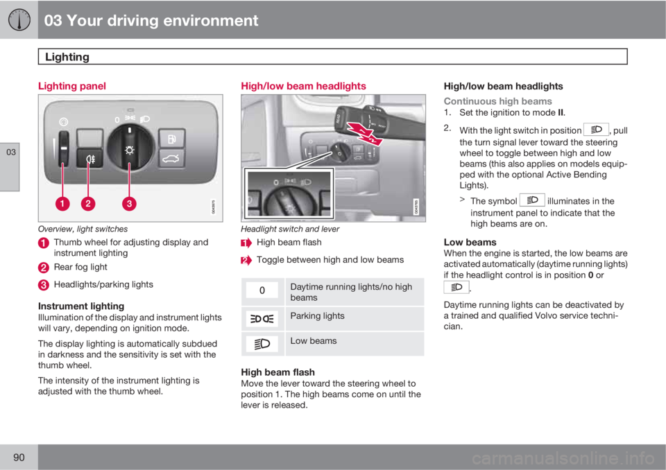 VOLVO S60 2011  Owner´s Manual 03 Your driving environment
Lighting 
03
90
Lighting panel
Overview, light switches
Thumb wheel for adjusting display and
instrument lighting
Rear fog light
Headlights/parking lights
Instrument lighti