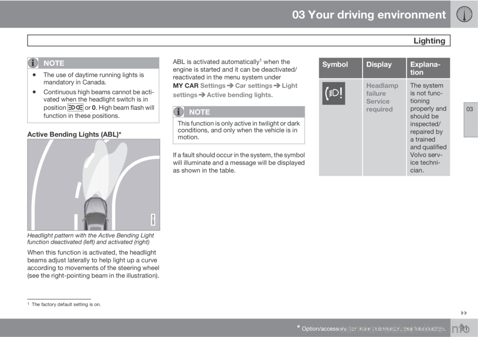 VOLVO S60 2011  Owner´s Manual 03 Your driving environment
 Lighting
03

* Option/accessory, for more information, see Introduction.91
NOTE
•The use of daytime running lights is
mandatory in Canada.
•Continuous high beams can