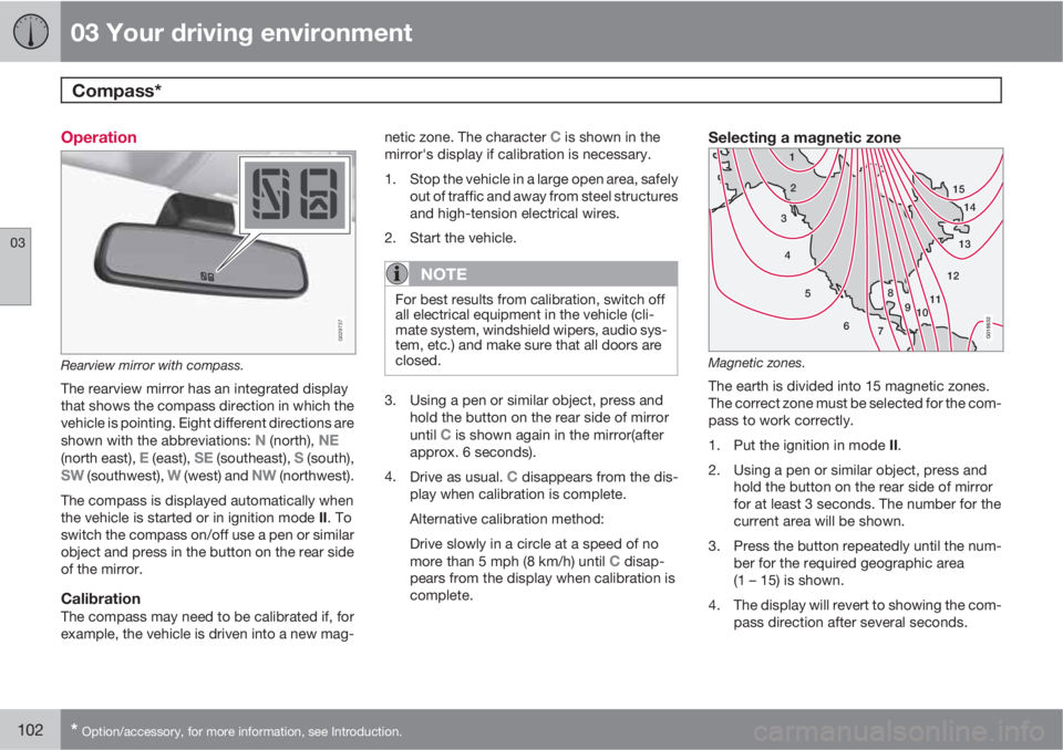 VOLVO S80 2011  Owner´s Manual 03 Your driving environment
Compass* 
03
102* Option/accessory, for more information, see Introduction.
Operation
G029737
Rearview mirror with compass.
The rearview mirror has an integrated display
th