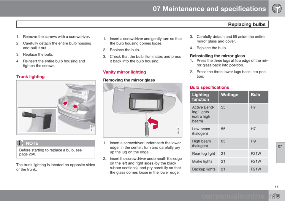 VOLVO S80 2011  Owner´s Manual 07 Maintenance and specifications
 Replacing bulbs
07

265
1. Remove the screws with a screwdriver.
2. Carefully detach the entire bulb housing
and pull it out.
3. Replace the bulb.
4. Reinsert the 