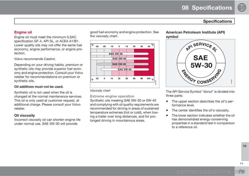 VOLVO S80 2011  Owner´s Manual 08  Specifications
 Specifications
08

295 Engine oil
Engine oil must meet the minimum ILSAC
specification GF-4, API SL, or ACEA A1/B1.
Lower quality oils may not offer the same fuel
economy, engine