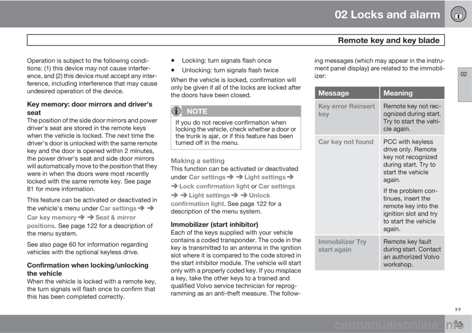 VOLVO S80 2011  Owner´s Manual 02 Locks and alarm
 Remote key and key blade
02

53
Operation is subject to the following condi-
tions: (1) this device may not cause interfer-
ence, and (2) this device must accept any inter-
feren