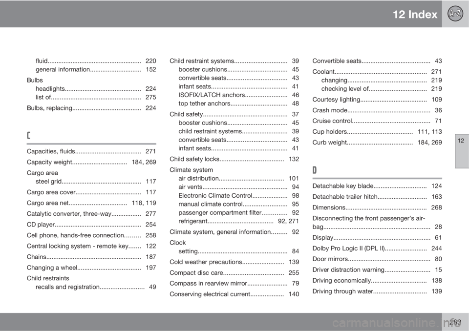 VOLVO V50 2011  Owner´s Manual 12 Index
12
283
fluid..................................................... 220
general information............................. 152
Bulbs
headlights........................................... 224
list