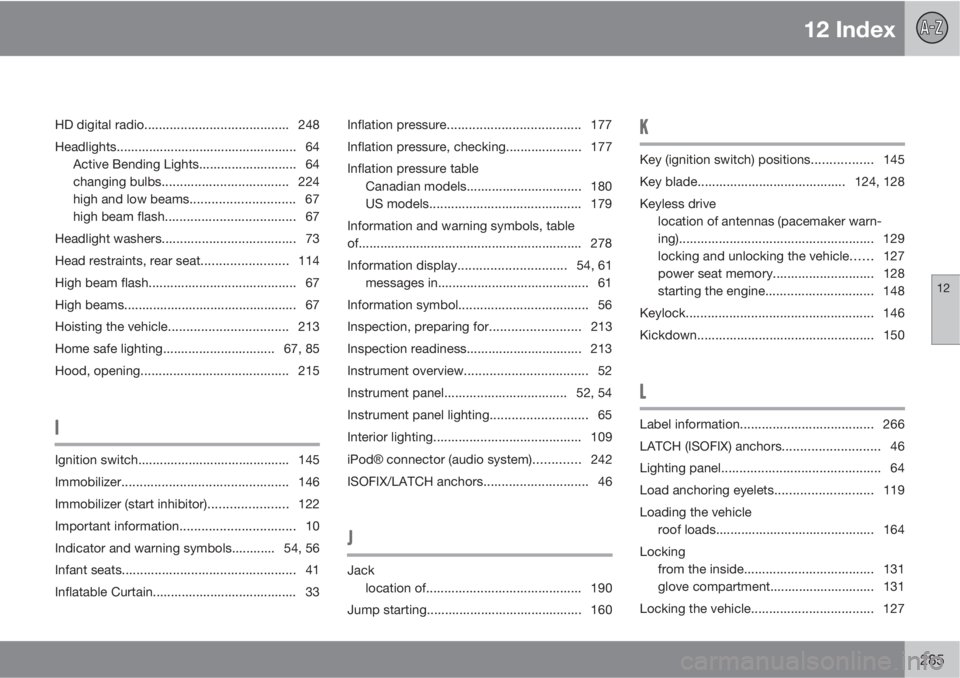 VOLVO V50 2011  Owner´s Manual 12 Index
12
285
HD digital radio........................................ 248
Headlights.................................................. 64
Active Bending Lights........................... 64
changin