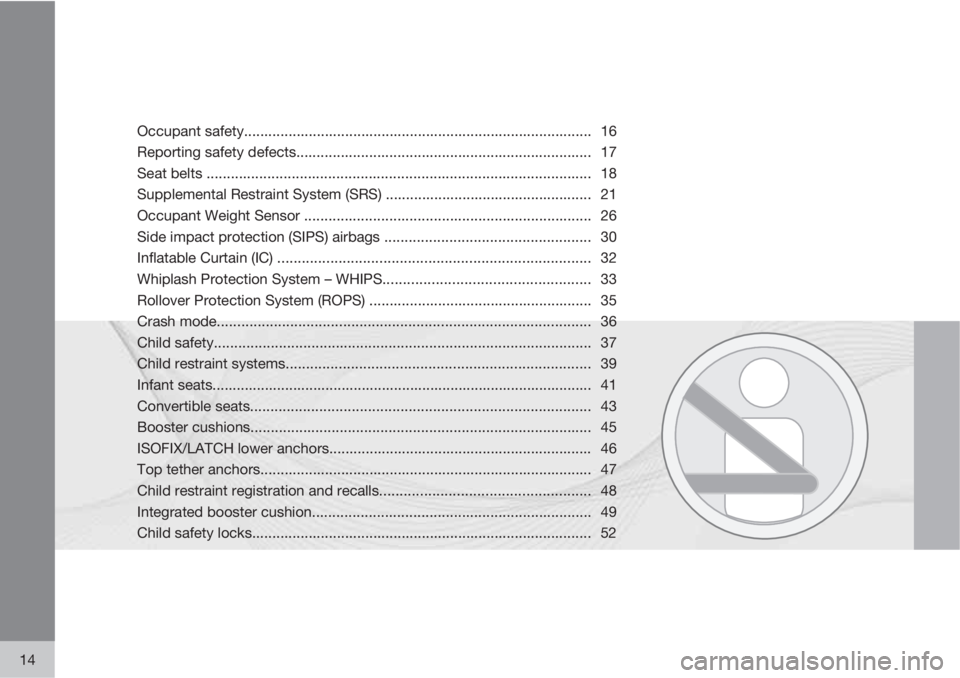 VOLVO XC60 2011  Owner´s Manual 14
Occupant safety...................................................................................... 16
Reporting safety defects....................................................................
