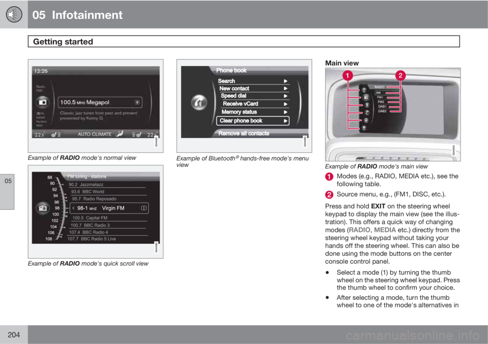 VOLVO XC60 2011  Owner´s Manual 05  Infotainment
Getting started  
05
204
Example of RADIO mode's normal view
Example of RADIO mode's quick scroll view
Example of Bluetooth�Ÿ hands-free mode's menu
view
Main view
Exampl