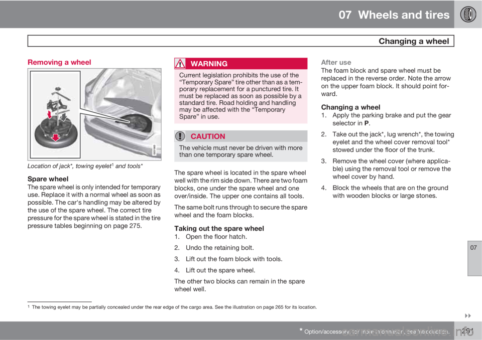 VOLVO XC60 2011  Owner´s Manual 07  Wheels and tires
  Changing a wheel
07

* Option/accessory, for more information, see Introduction.291 Removing a wheel
Location of jack*, towing eyelet1 and tools*
Spare wheelThe spare wheel is