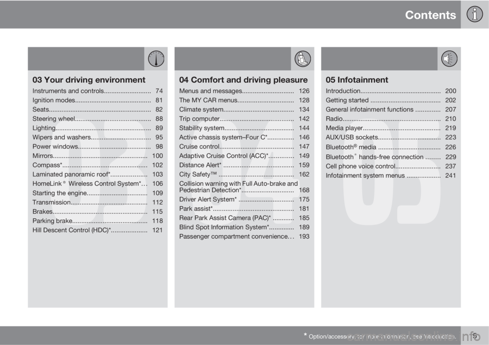 VOLVO XC60 2011  Owner´s Manual Contents
* Option/accessory, for more information, see Introduction.5
03
03 Your driving environment
Instruments and controls.......................... 74
Ignition modes...............................