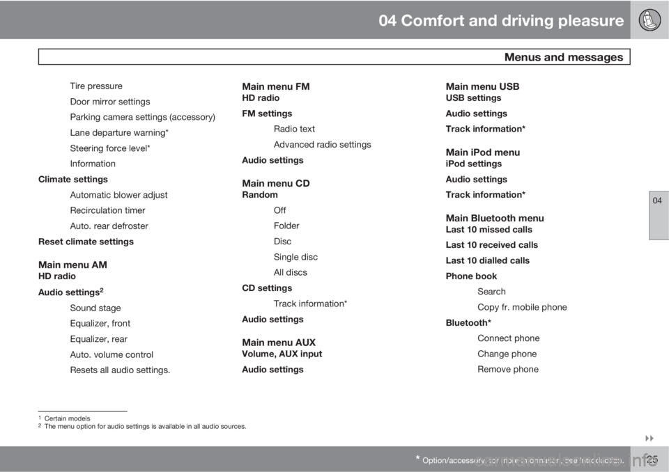 VOLVO XC70 2011  Owner´s Manual 04 Comfort and driving pleasure
 Menus and messages
04

* Option/accessory, for more information, see Introduction.125
Tire pressure
Door mirror settings
Parking camera settings (accessory)
Lane dep