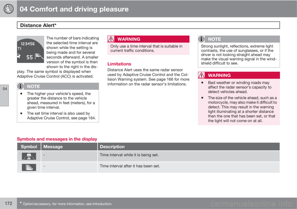 VOLVO XC70 2011  Owner´s Manual 04 Comfort and driving pleasure
Distance Alert*  
04
172* Option/accessory, for more information, see Introduction.
The number of bars indicating
the selected time interval are
shown while the setting