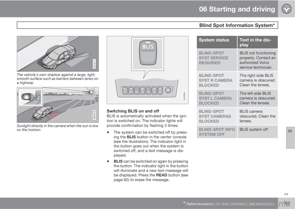 VOLVO XC90 2011  Owner´s Manual 06 Starting and driving
 Blind Spot Information System*
06

* Option/accessory, for more information, see Introduction.167
G018177
The vehicle's own shadow against a large, light,
smooth surface
