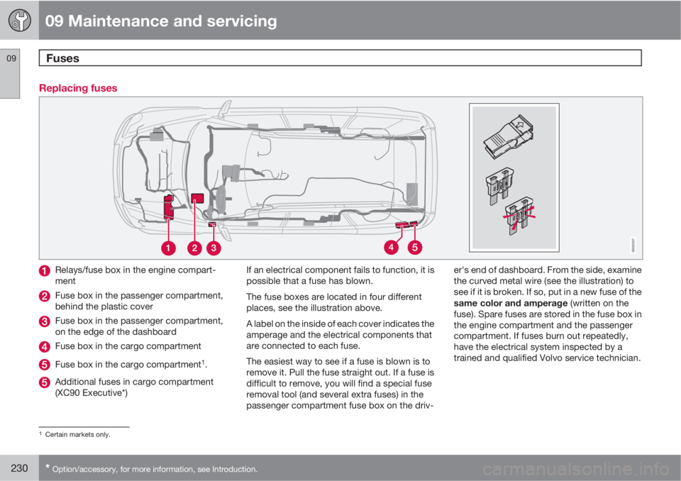 VOLVO XC90 2011 Owner´s Manual 09 Maintenance and servicing
Fuses 09
230* Option/accessory, for more information, see Introduction.
Replacing fuses
G032337
Relays/fuse box in the engine compart-
ment
Fuse box in the passenger compa VOLVO XC90 2011 Owner´s Manual 09 Maintenance and servicing
Fuses 09
230* Option/accessory, for more information, see Introduction.
Replacing fuses
G032337
Relays/fuse box in the engine compart-
ment
Fuse box in the passenger compa