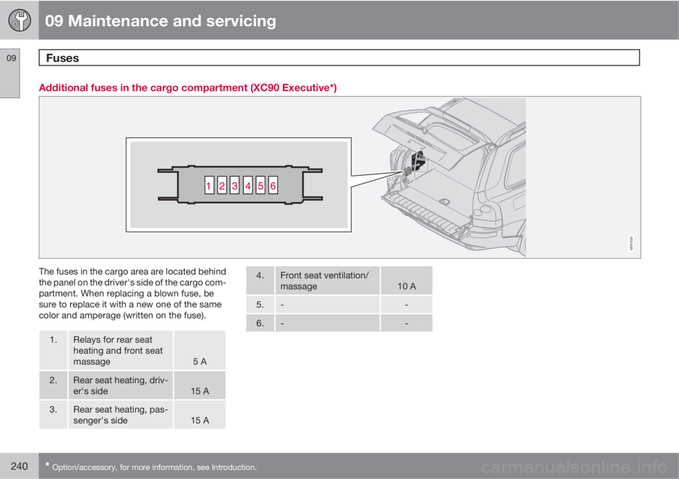 VOLVO XC90 2011  Owner´s Manual 09 Maintenance and servicing
Fuses 09
240* Option/accessory, for more information, see Introduction.
Additional fuses in the cargo compartment (XC90 Executive*)
G031532
The fuses in the cargo area are