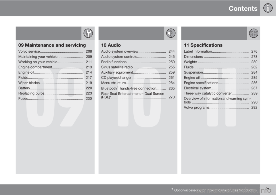 VOLVO XC90 2011  Owner´s Manual Contents
* Option/accessory, for more information, see Introduction.7
09
09 Maintenance and servicing
Volvo service........................................... 208
Maintaining your vehicle.............