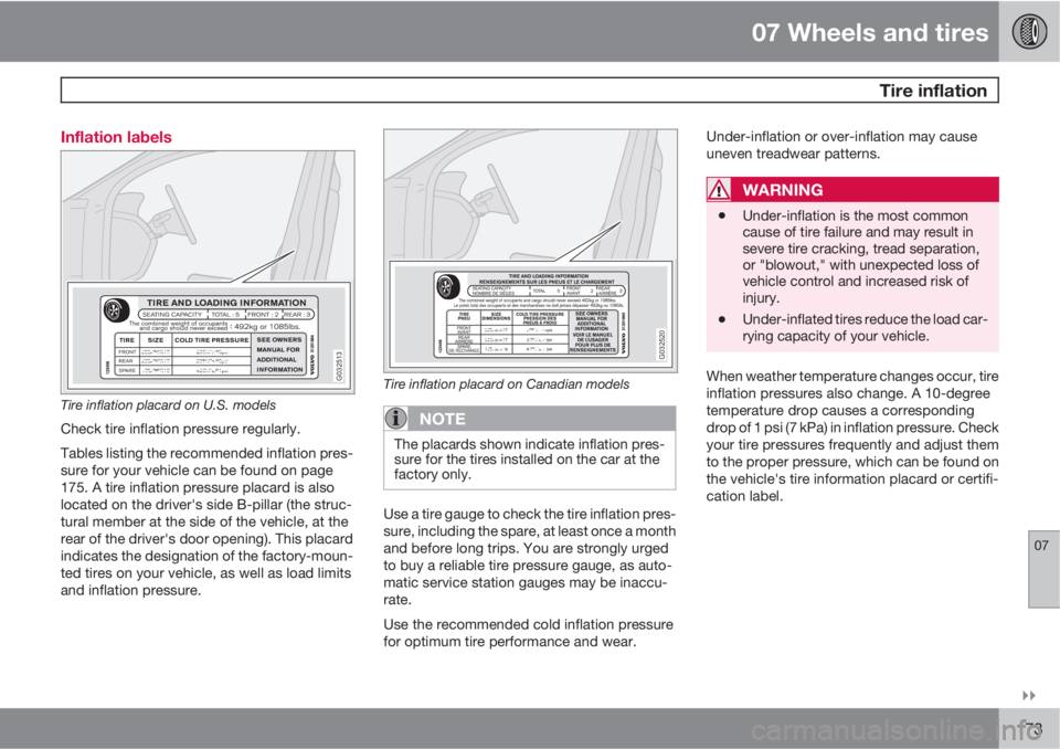 VOLVO C30 2010  Owner´s Manual 07 Wheels and tires
 Tire inflation
07

173 Inflation labels
G032513
Tire inflation placard on U.S. models
Check tire inflation pressure regularly.
Tables listing the recommended inflation pres-
sur