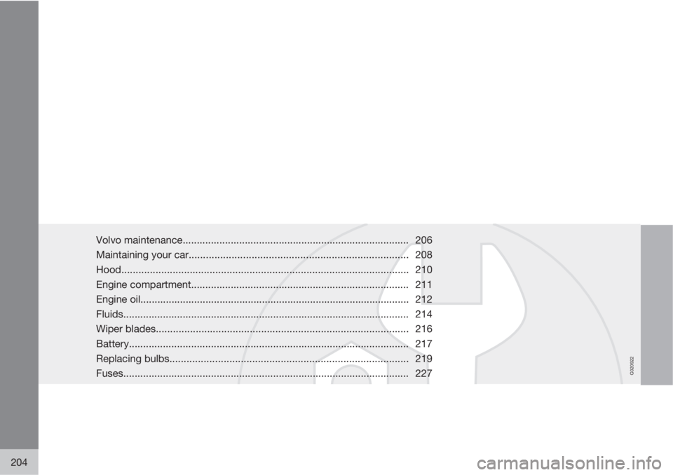 VOLVO C30 2010  Owner´s Manual G020922
204
Volvo maintenance................................................................................ 206
Maintaining your car..................................................................