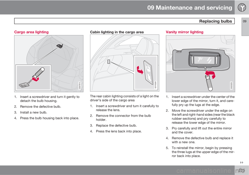 VOLVO C30 2010  Owner´s Manual 09 Maintenance and servicing
 Replacing bulbs09

225 Cargo area lighting
G007613
1. Insert a screwdriver and turn it gently to
detach the bulb housing.
2. Remove the defective bulb.
3. Install a new