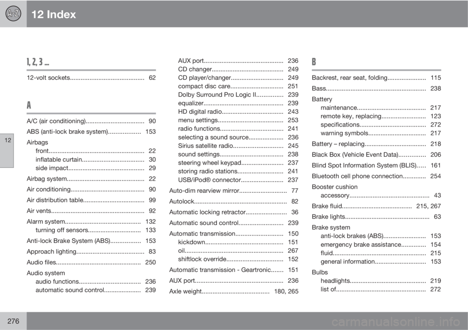 VOLVO C30 2010  Owner´s Manual 12 Index
12
276
1, 2, 3 ...
12-volt sockets.......................................... 62
A
A/C (air conditioning)................................. 90
ABS (anti-lock brake system).................. 153