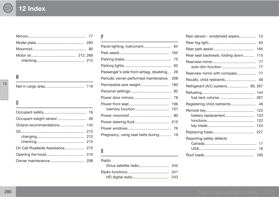 VOLVO C30 2010  Owner´s Manual 12 Index
12
280
Mirrors....................................................... 77
Model plate.............................................. 263
Moonroof................................................