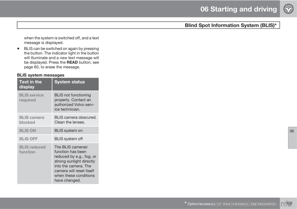 VOLVO S40 2010  Owner´s Manual 06 Starting and driving
 Blind Spot Information System (BLIS)*
06
* Option/accessory, for more information, see Introduction.169
when the system is switched off, and a text
message is displayed.
•BL
