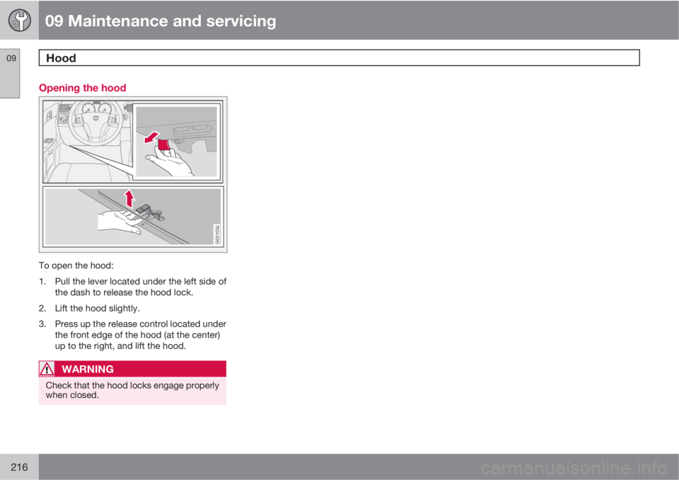 VOLVO S40 2010  Owner´s Manual 09 Maintenance and servicing
Hood 09
216
Opening the hood
G031032
To open the hood:
1. Pull the lever located under the left side of
the dash to release the hood lock.
2. Lift the hood slightly.
3. Pr