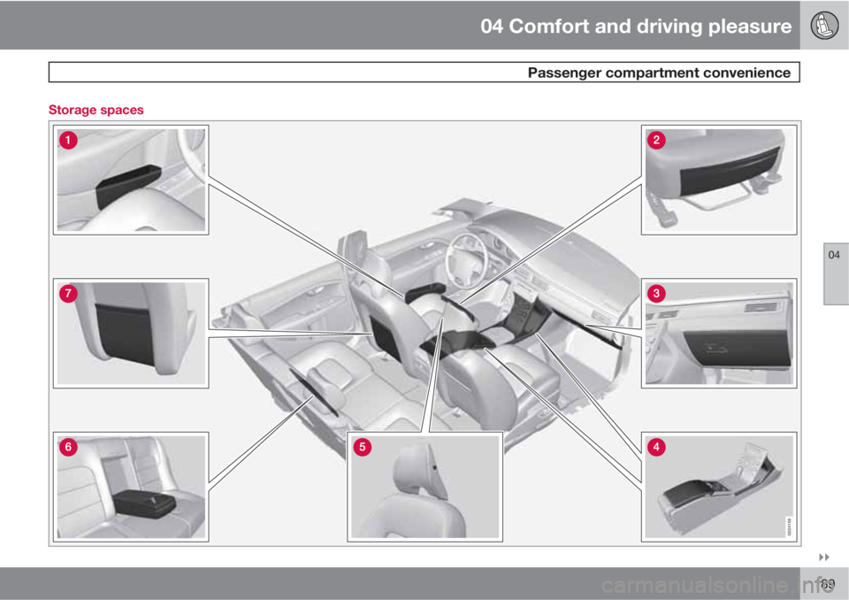 VOLVO S80 2010  Owner´s Manual 04 Comfort and driving pleasure
 Passenger compartment convenience
04

189 Storage spaces
G024158 