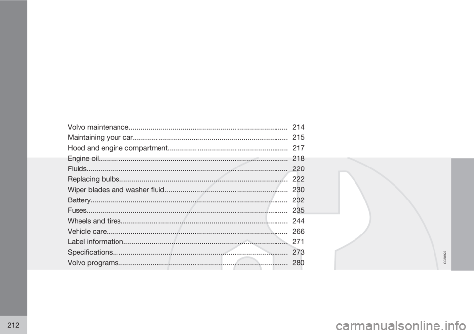VOLVO S80 2010  Owner´s Manual G020922
212
Volvo maintenance................................................................................ 214
Maintaining your car..................................................................