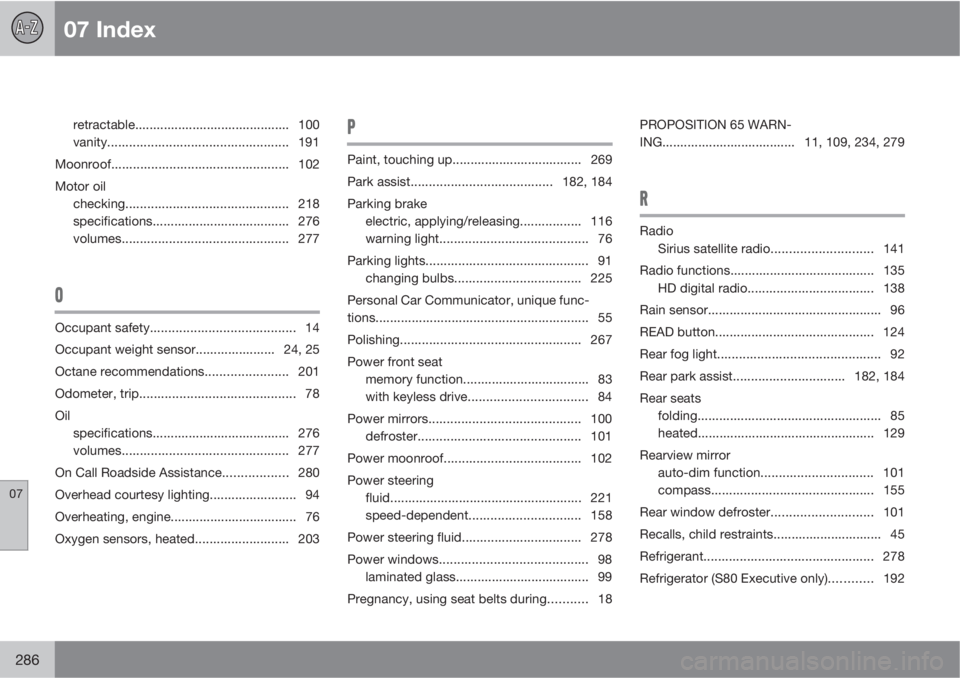 VOLVO S80 2010  Owner´s Manual 07 Index
07
286
retractable........................................... 100
vanity.................................................. 191
Moonroof................................................. 102
Mo