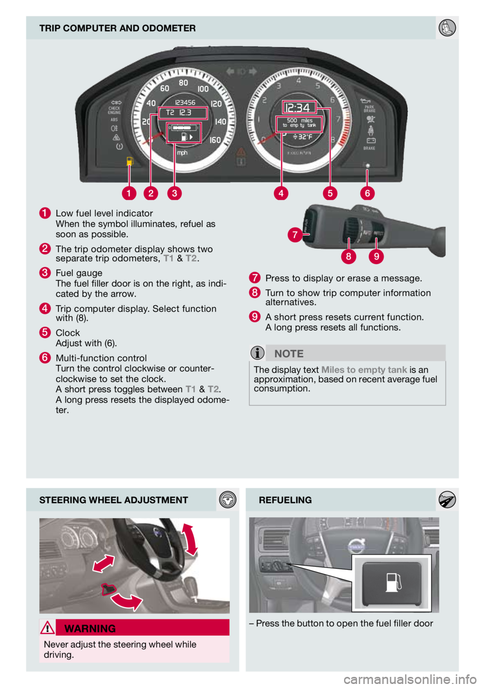 VOLVO S80 2010 Quick Guide
89
7
1
Low fuel level indicator When the symbol illuminates, refuel as soon as possible.
2 The trip odometer display shows two separate trip odometers, T1 & T2.
3 Fuel gauge The fuel filler door is VOLVO S80 2010 Quick Guide
89
7
1
Low fuel level indicator When the symbol illuminates, refuel as soon as possible.
2 The trip odometer display shows two separate trip odometers, T1 & T2.
3 Fuel gauge The fuel filler door is