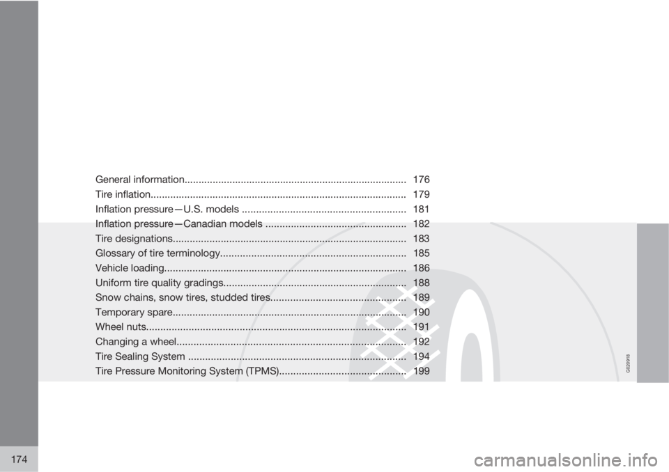 VOLVO V50 2010  Owner´s Manual G020918
174
General information............................................................................... 176
Tire inflation.......................................................................