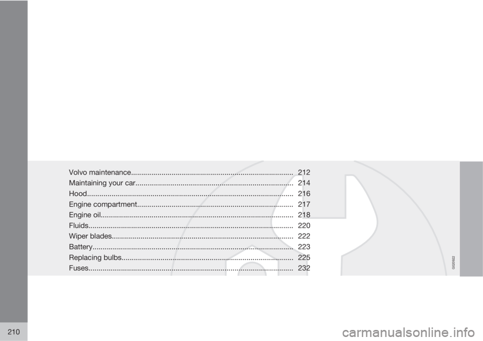 VOLVO V50 2010  Owner´s Manual G020922
210
Volvo maintenance................................................................................ 212
Maintaining your car..................................................................