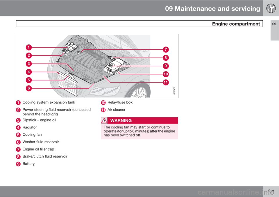 VOLVO V50 2010  Owner´s Manual 09 Maintenance and servicing
 Engine compartment09
217
G026456
Cooling system expansion tank
Power steering fluid reservoir (concealed
behind the headlight)
Dipstick – engine oil
Radiator
Cooling fa