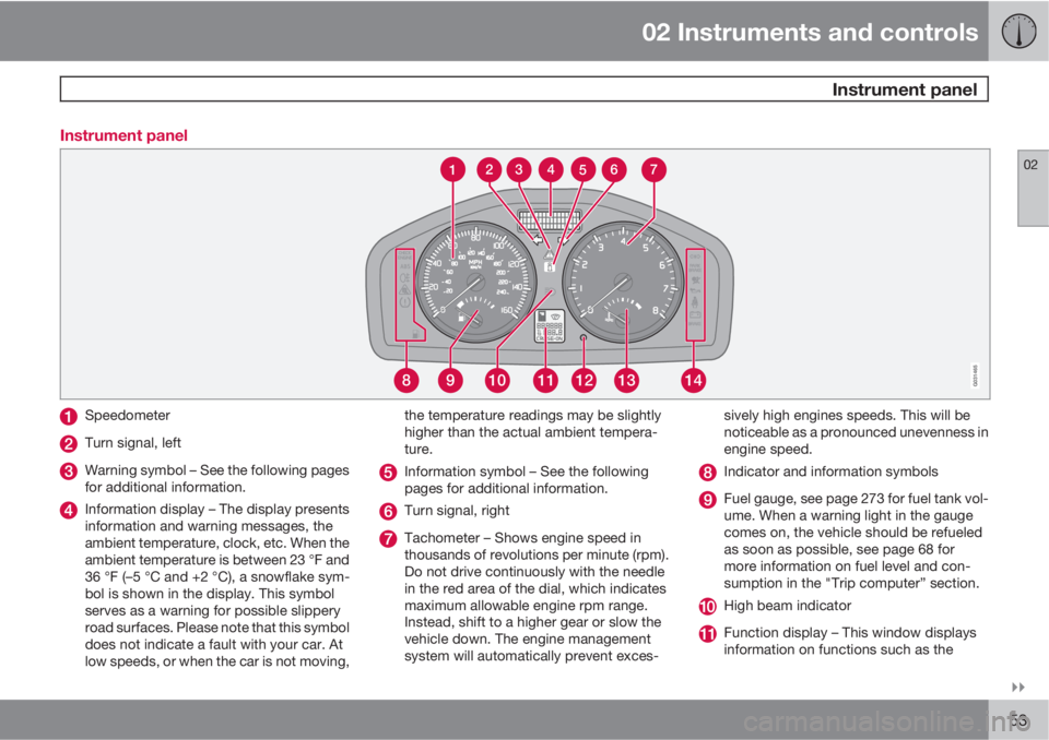 VOLVO V50 2010  Owner´s Manual 02 Instruments and controls
 Instrument panel
02

53 Instrument panel
891112131410G031465
4 3 2
567
1
Speedometer
Turn signal, left
Warning symbol – See the following pages
for additional informat