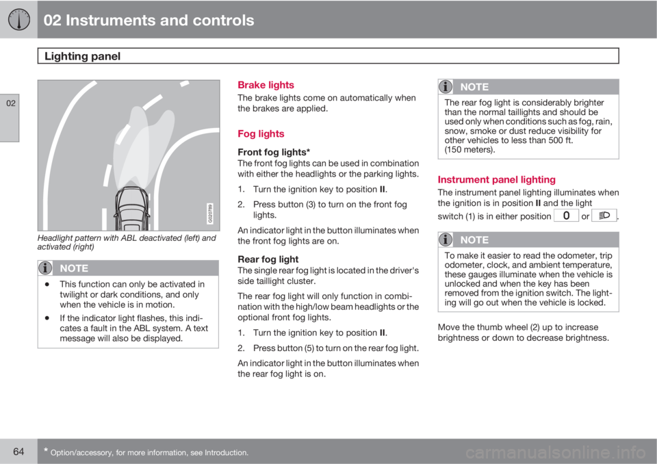 VOLVO V50 2010  Owner´s Manual 02 Instruments and controls
Lighting panel 
02
64* Option/accessory, for more information, see Introduction.
G020789
Headlight pattern with ABL deactivated (left) and
activated (right)
NOTE
•This fu