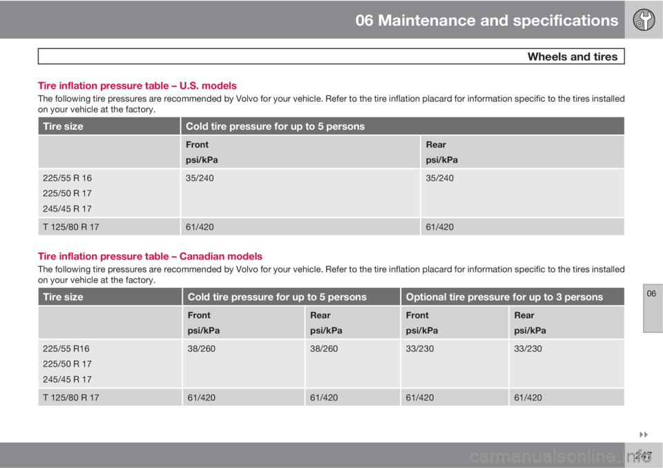 VOLVO V70/XC70 2010  Owner´s Manual 06 Maintenance and specifications
 Wheels and tires
06

247 Tire inflation pressure table – U.S. models
The following tire pressures are recommended by Volvo for your vehicle. Refer to the tire in