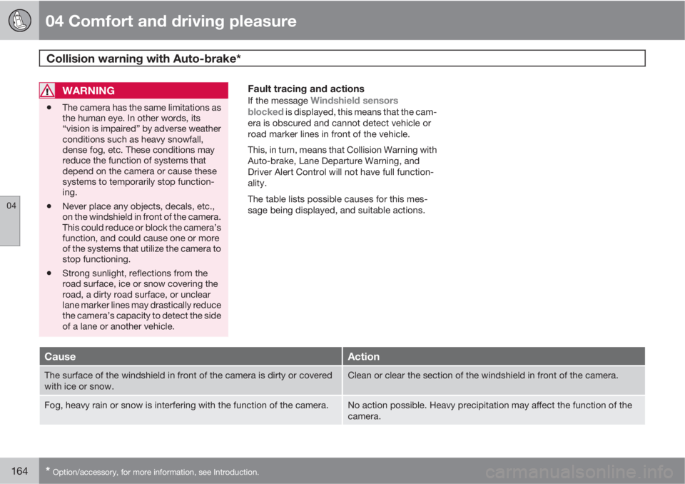 VOLVO XC60 2010  Owner´s Manual 04 Comfort and driving pleasure
Collision warning with Auto-brake* 
04
164* Option/accessory, for more information, see Introduction.
WARNING
•The camera has the same limitations as
the human eye. I