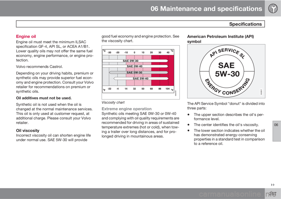 VOLVO XC60 2010  Owner´s Manual 06 Maintenance and specifications
 Specifications
06

287 Engine oil
Engine oil must meet the minimum ILSAC
specification GF-4, API SL, or ACEA A1/B1.
Lower quality oils may not offer the same fuel
