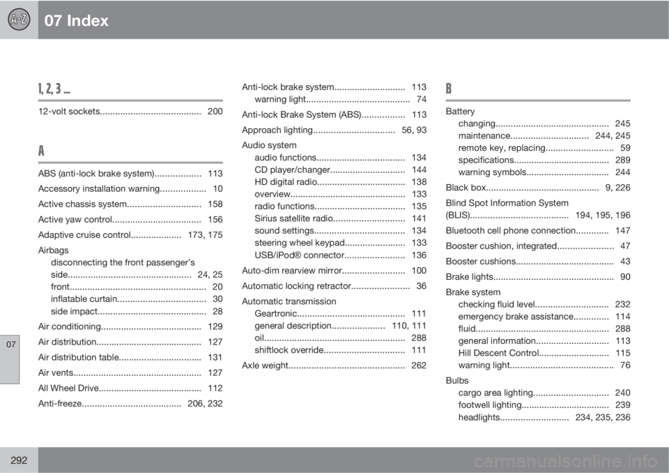 VOLVO XC60 2010  Owner´s Manual 07 Index
07
292
1, 2, 3 ...
12-volt sockets........................................ 200
A
ABS (anti-lock brake system).................. 113
Accessory installation warning.................. 10
Active 