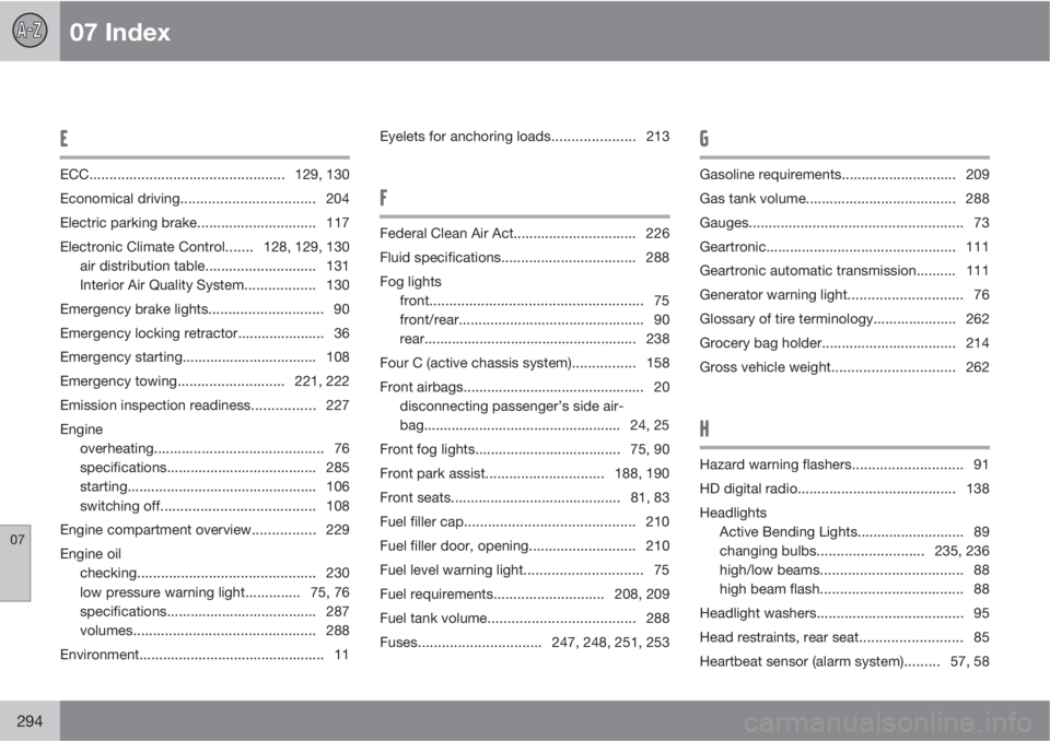 VOLVO XC60 2010  Owner´s Manual 07 Index
07
294
E
ECC.................................................129, 130
Economical driving.................................. 204
Electric parking brake.............................. 117
Electro