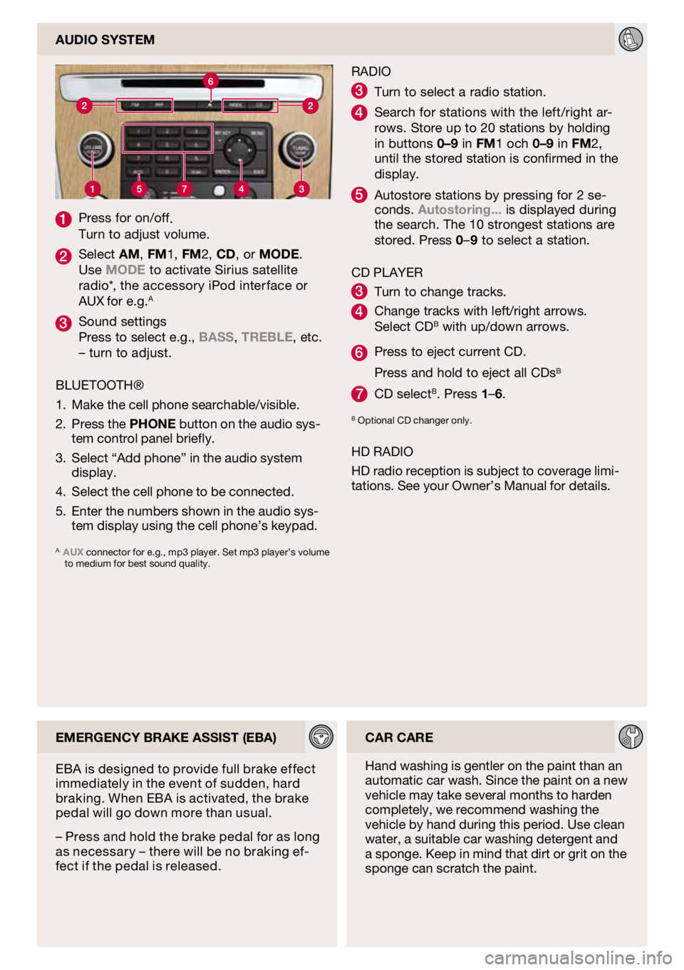 VOLVO XC60 2010  Quick Guide 
1
 Press for on/off. Turn to adjust volume.
2 Select am, fm1, fm2, cd, or mode. Use mode to activate Sirius satellite radio*, the accessory iPod interface or AUX for e.g.A
3 Sound settings Press to s