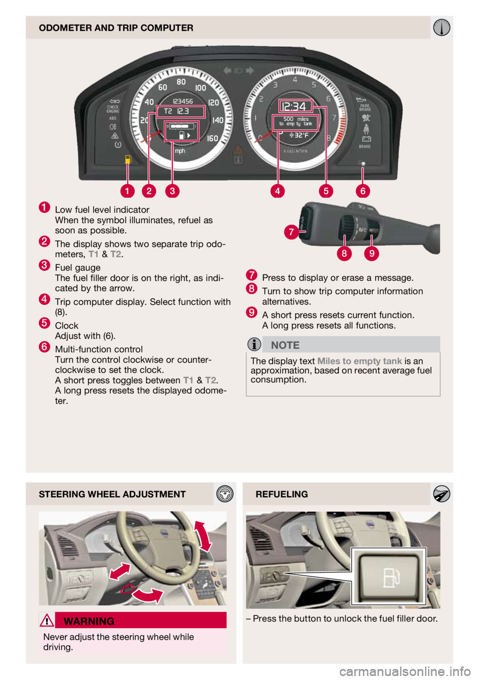 VOLVO XC60 2010  Quick Guide 
89
7

odometer and triP comPUter
steering wheeL adjUstmentrefUeLing
   warning
Never adjust the steering wheel while driving.
– Press the button to unlock the fuel filler door.
1 Low fuel level ind