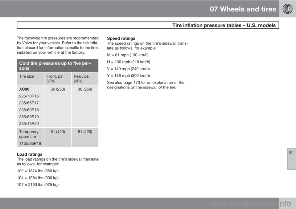 VOLVO XC90 2010  Owner´s Manual 07 Wheels and tires
 Tire inflation pressure tables – U.S. models
07
171
The following tire pressures are recommended
by Volvo for your vehicle. Refer to the tire infla-
tion placard for information
