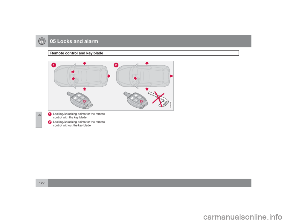 VOLVO C30 2009  Owner´s Manual 05 Locks and alarmRemote control and key blade
05122
G019405
Locking/unlocking points for the remote
control with the key bladeLocking/unlocking points for the remote
control without the key blade 