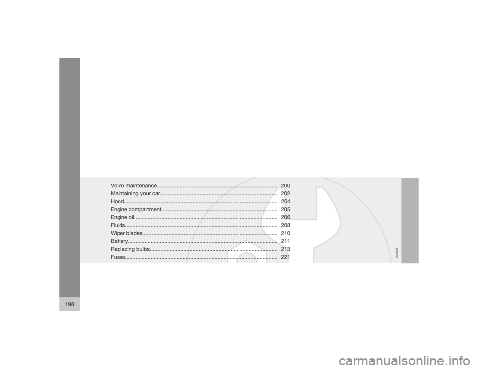 VOLVO C30 2009  Owner´s Manual G020922
198
Volvo maintenance................................................................................ 200
Maintaining your car..................................................................