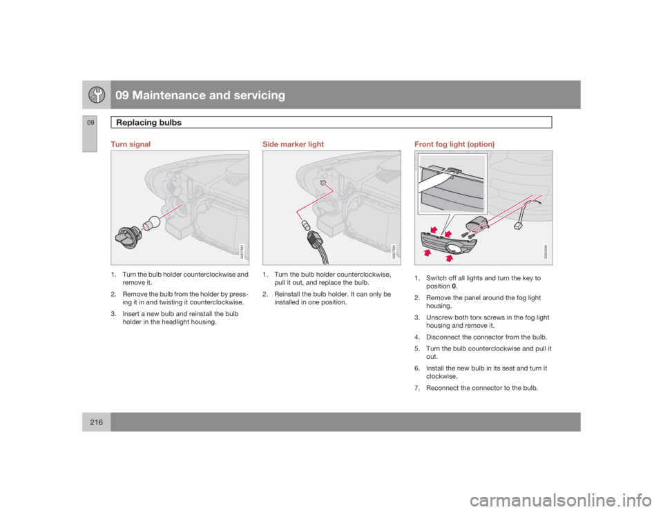 VOLVO C30 2009  Owner´s Manual 09 Maintenance and servicingReplacing bulbs
09216
Turn signal
G007393
1. Turn the bulb holder counterclockwise and
remove it.
2. Remove the bulb from the holder by press-
ing it in and twisting it cou