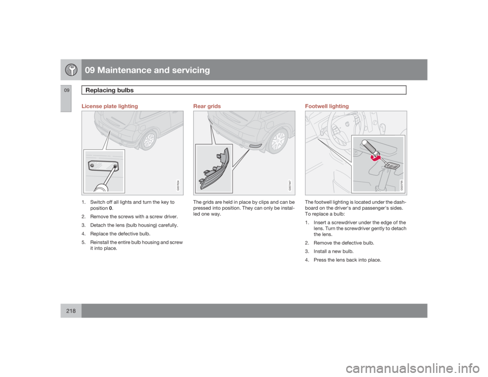 VOLVO C30 2009  Owner´s Manual 09 Maintenance and servicingReplacing bulbs
09218
License plate lighting
G007634
1. Switch off all lights and turn the key to
position0.
2. Remove the screws with a screw driver.
3. Detach the lens (b