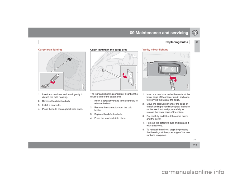 VOLVO C30 2009  Owner´s Manual 09 Maintenance and servicing
Replacing bulbs
09�`�`219 Cargo area lighting
G007613
1. Insert a screwdriver and turn it gently to
detach the bulb housing.
2. Remove the defective bulb.
3. Install a new