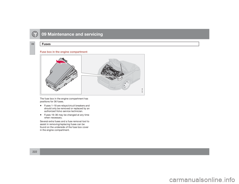 VOLVO C30 2009  Owner´s Manual 09 Maintenance and servicingFuses
09222
Fuse box in the engine compartment
G007446
The fuse box in the engine compartment has
positions for 36 fuses.•
Fuses 1–18 are relays/circuit breakers and
sh