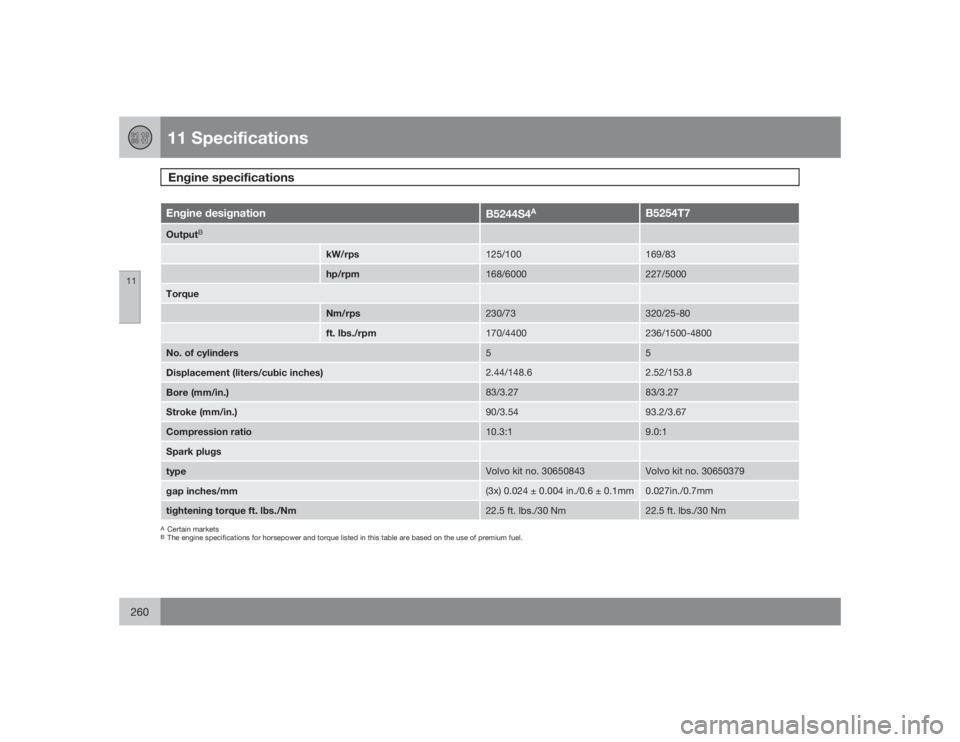 VOLVO C30 2009  Owner´s Manual 11 SpecificationsEngine specifications
11260
Engine designation
B5244S4
A
B5254T7
Output
B
kW/rps
125/100
169/83
hp/rpm
168/6000
227/5000
Torque
Nm/rps
230/73
320/25-80
ft. lbs./rpm
170/4400
236/1500-